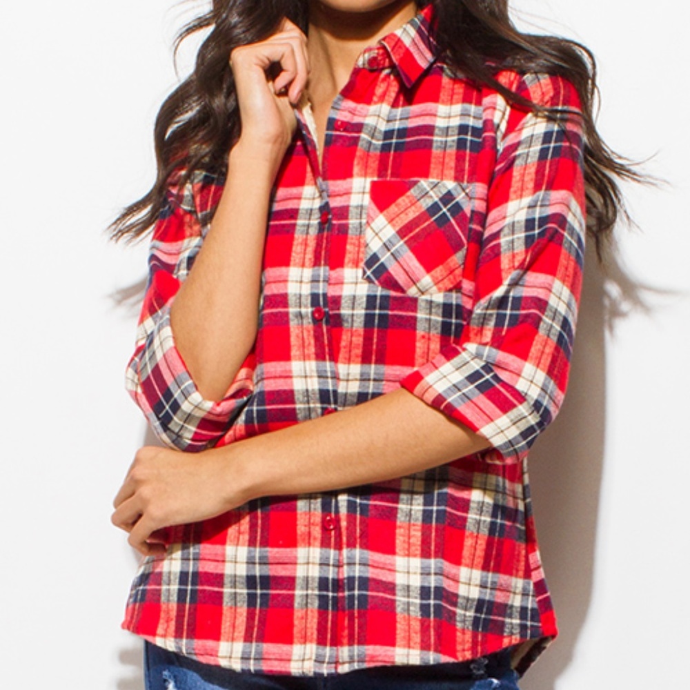 ARRIVED!GORGEOUS RED FLANNEL FLEECE LINED TOP! - Picture 3 of 7